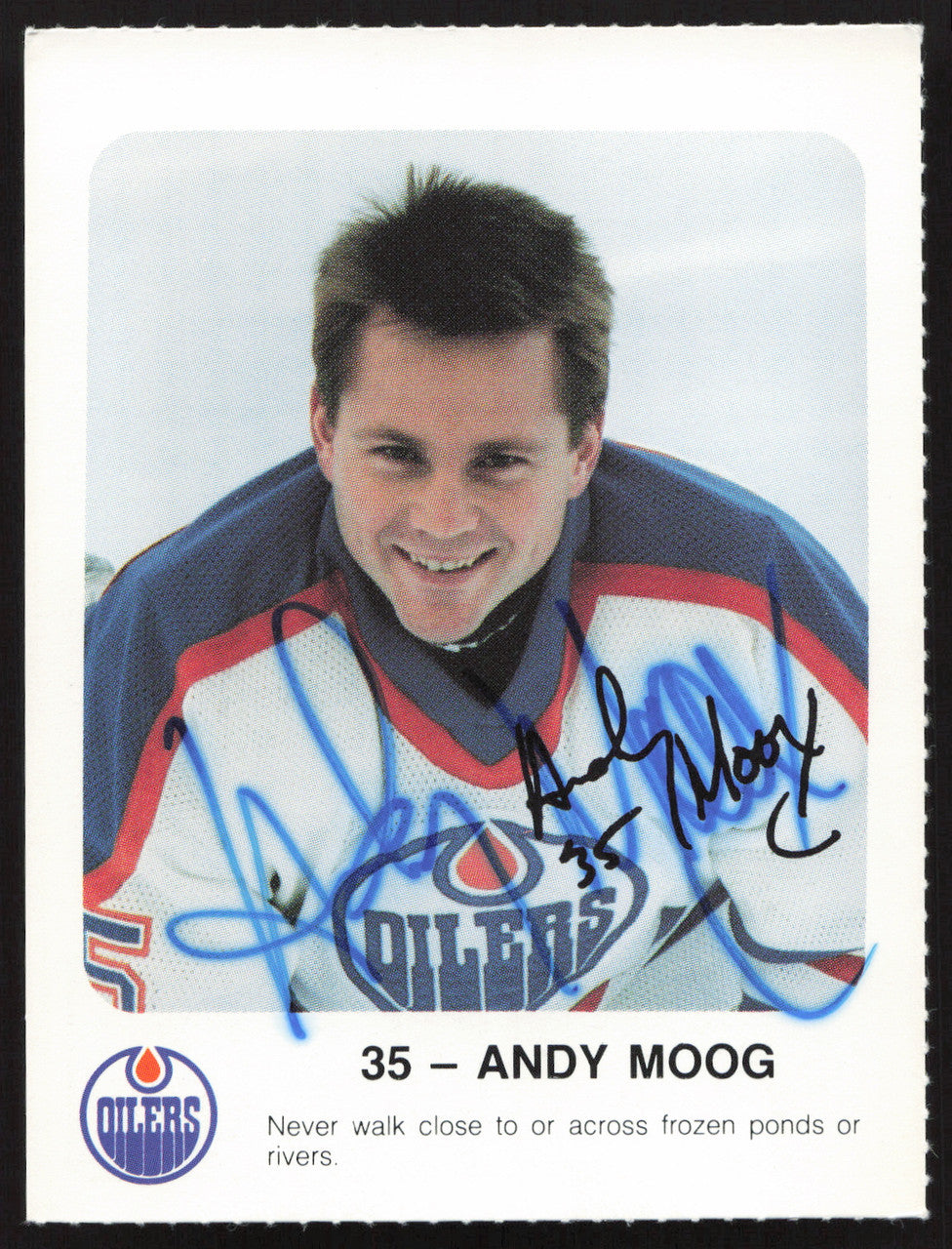 Andy Moog Autographed 1986-87 Red Rooster Card Edmonton Oilers SKU #258429