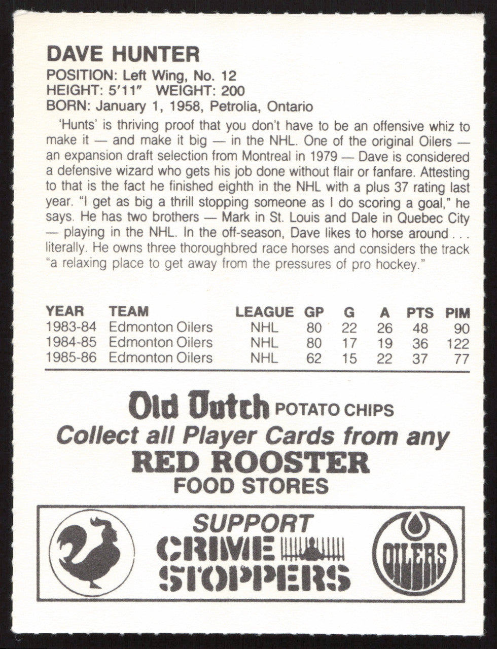 Dave Hunter Autographed 1986-87 Red Rooster Card Edmonton Oilers SKU #258431