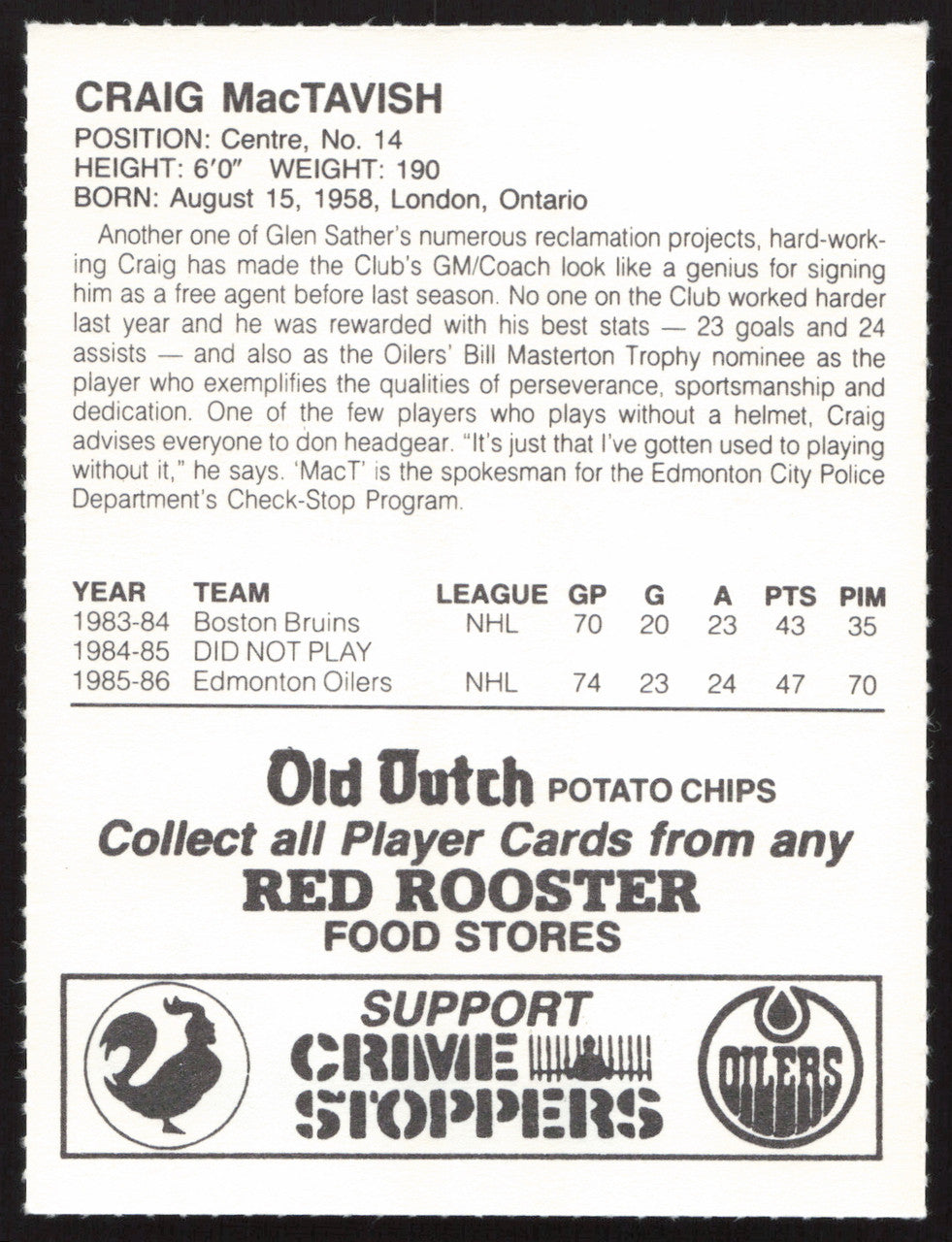Craig MacTavish Autographed 1986-87 Red Rooster Card Edmonton Oilers SKU #258438