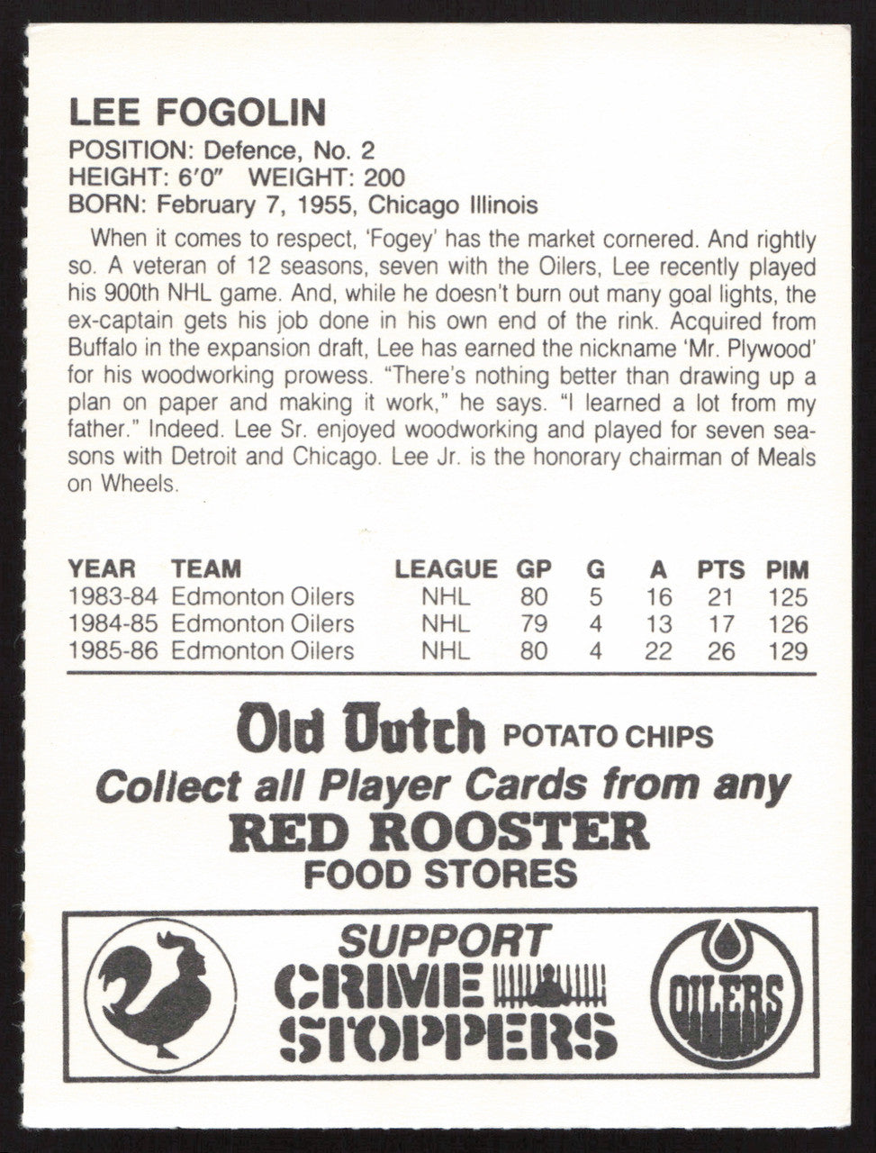 Lee Fogolin Autographed 1986-87 Red Rooster Card Edmonton Oilers SKU #258440