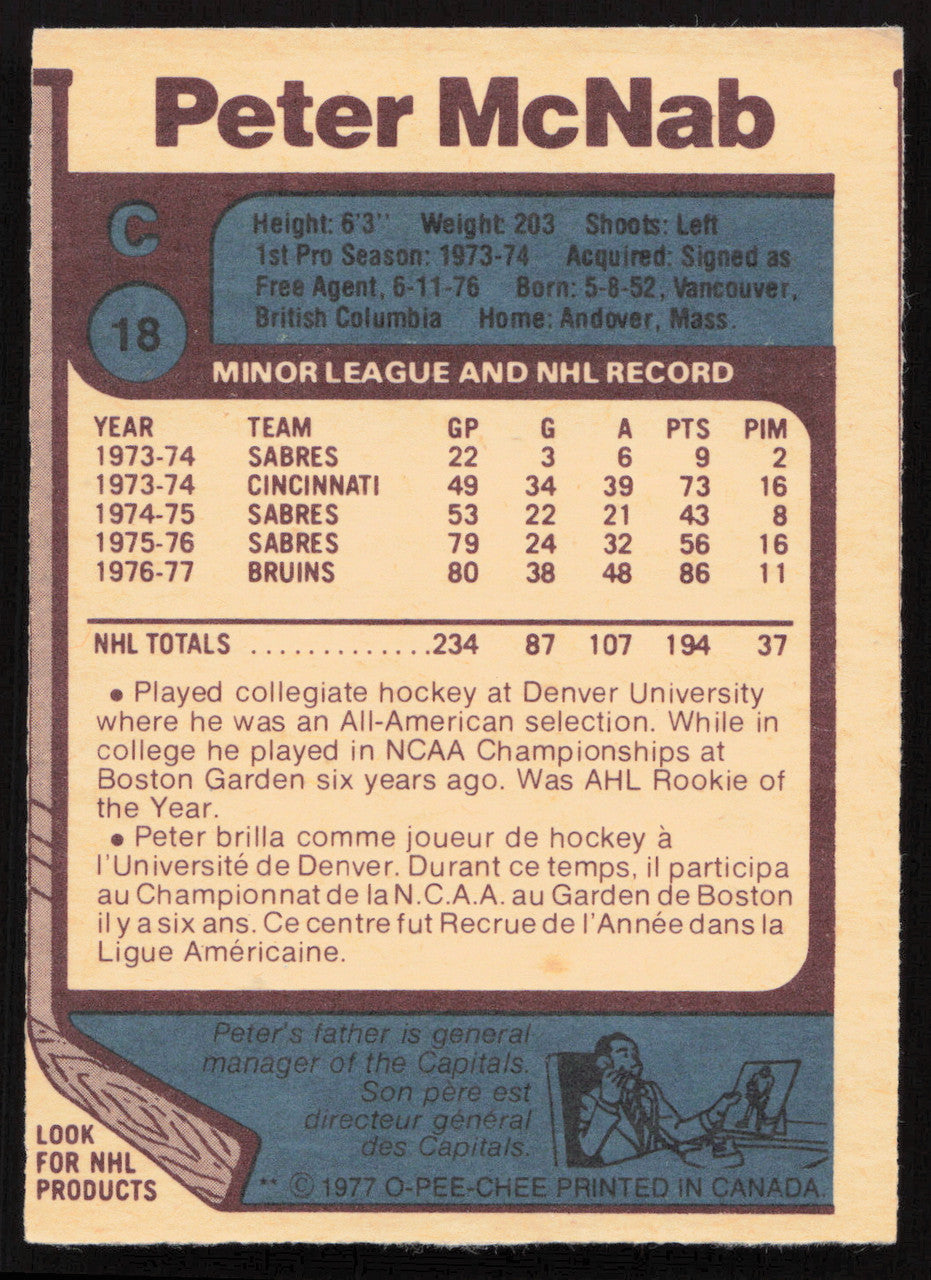 Peter McNab Autographed 1977-78 O-Pee-Chee Card #18 Boston Bruins SKU #258445