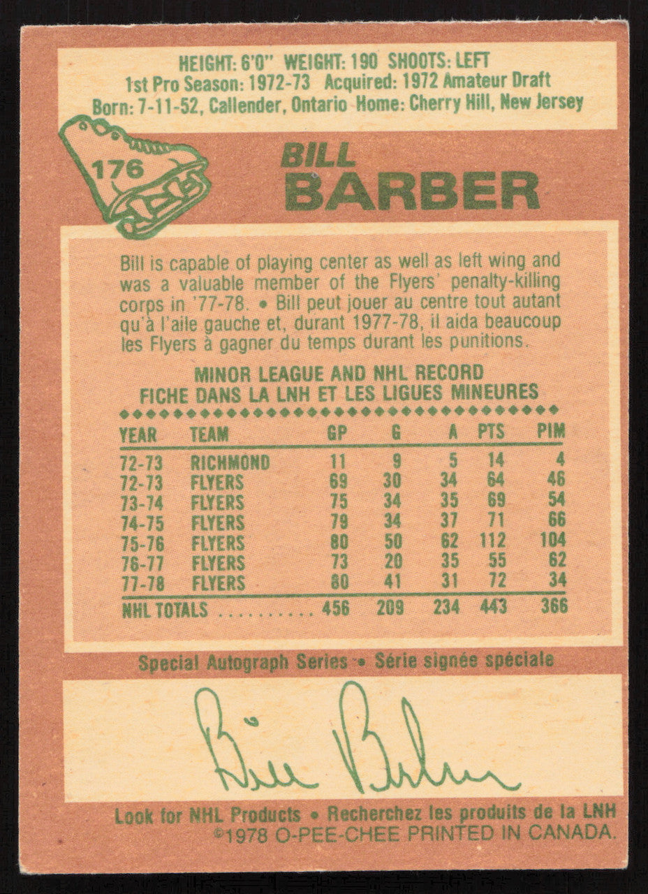 Bill Barber Autographed 1978-79 O-Pee-Chee Card #178 Philadelphia Flyers SKU #258466
