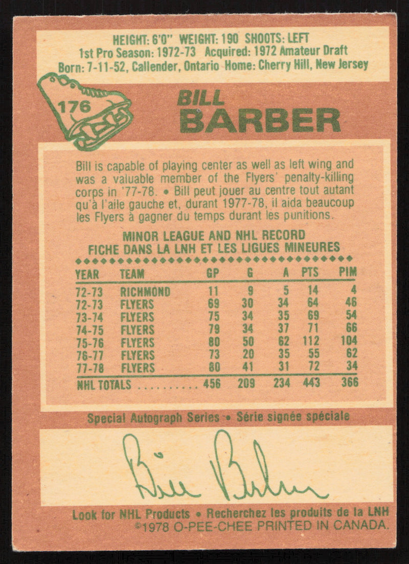 Bill Barber Autographed 1978-79 O-Pee-Chee Card #178 Philadelphia Flyers SKU #258466