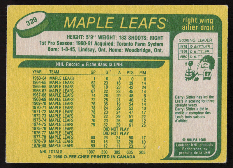 Ron Ellis Autographed 1980-81 O-Pee-Chee Card #329 Toronto Maple Leafs SKU #258468
