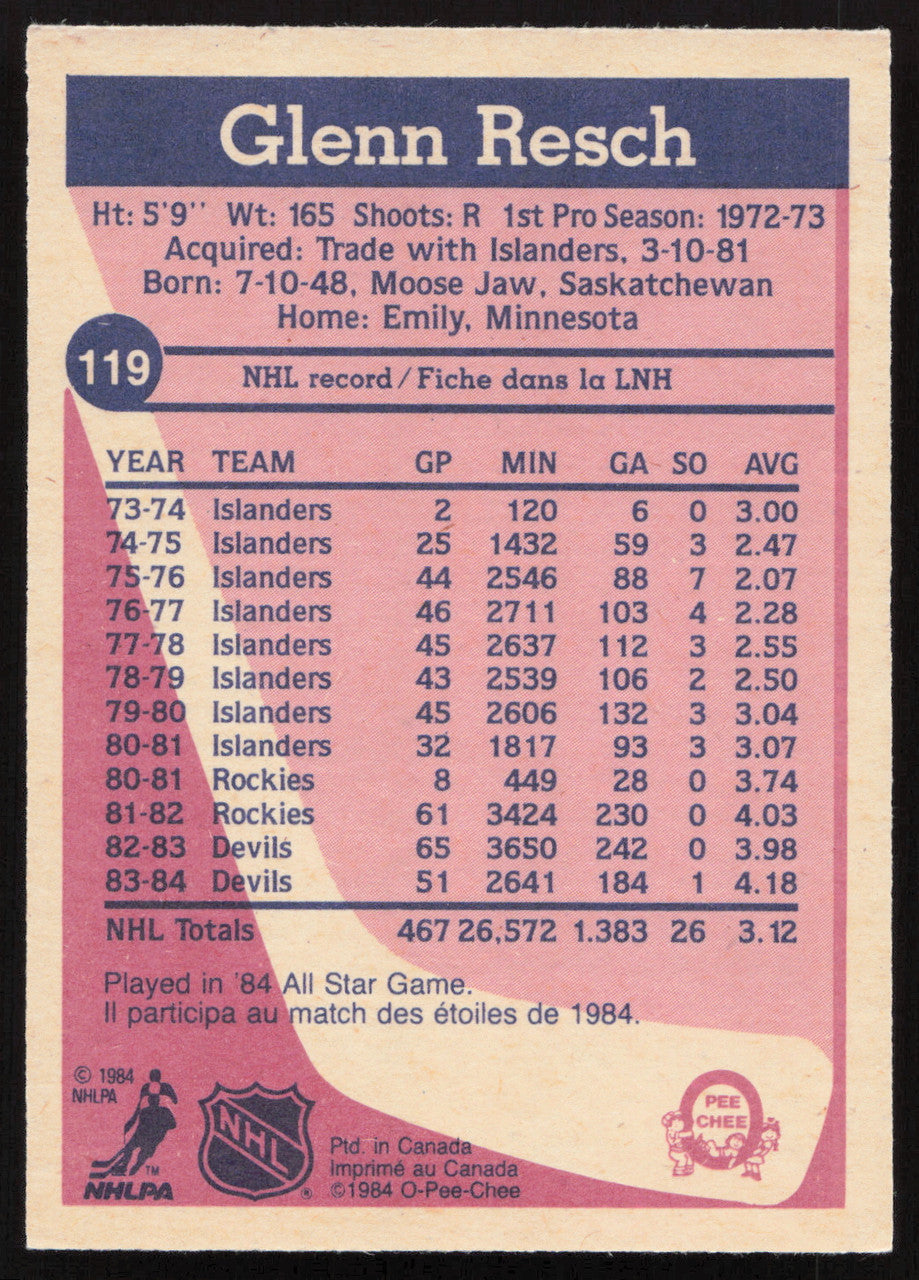 Glenn Chico Resch Autographed 1984-85 O-Pee-Chee Card #119 New Jersey Devils SKU #258471