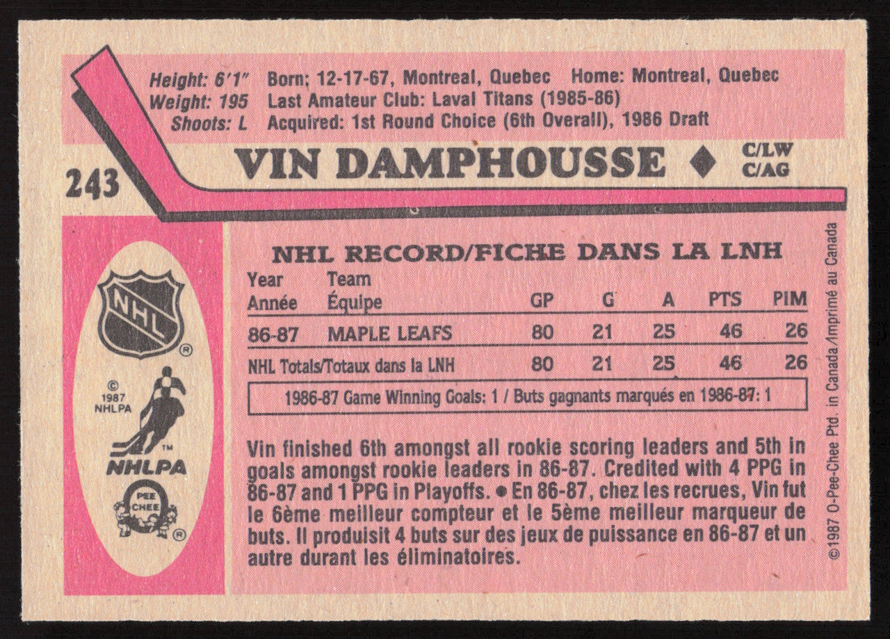 Vin Damphousse Autographed 1987-88 O-Pee-Chee Card #243 Toronto Maple Leafs SKU #258484