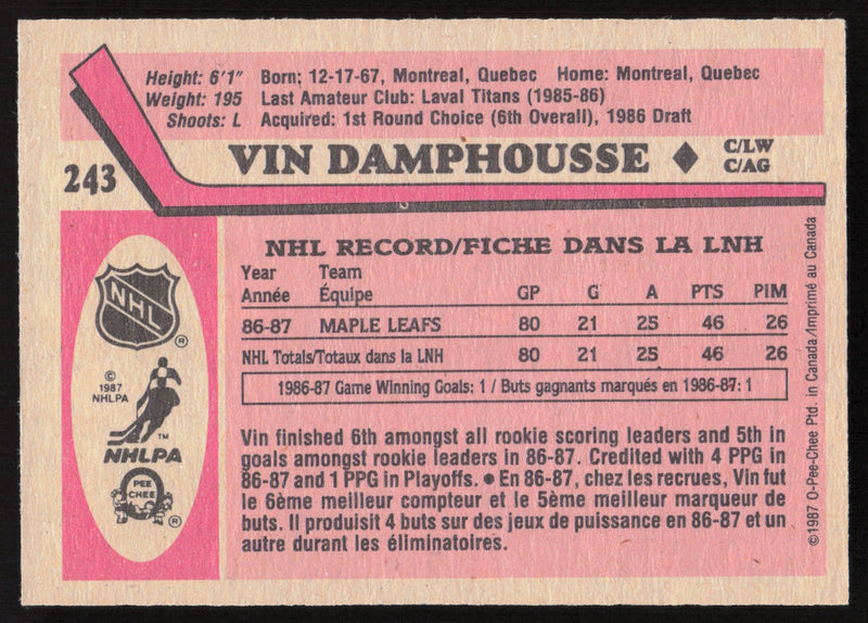 Vin Damphousse Autographed 1987-88 O-Pee-Chee Card #243 Toronto Maple Leafs SKU #258484