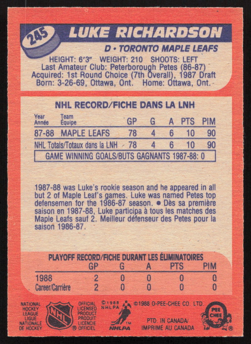 Luke Richardson Autographed 1988-89 O-Pee-Chee Card #245 Toronto Maple Leafs SKU #258485