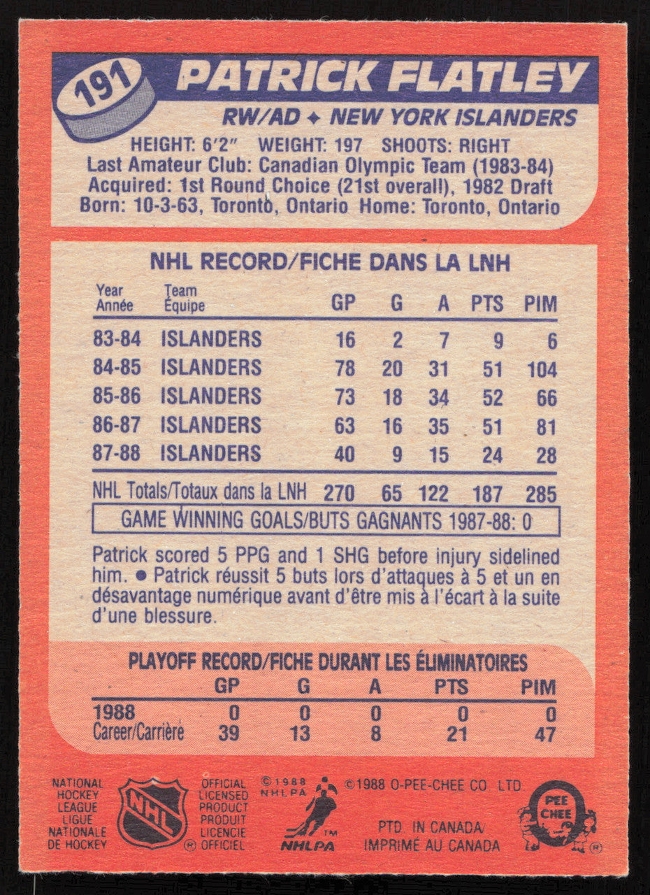 Patrick Flatley Autographed 1988-89 O-Pee-Chee Card #191 New York Islanders SKU #258486