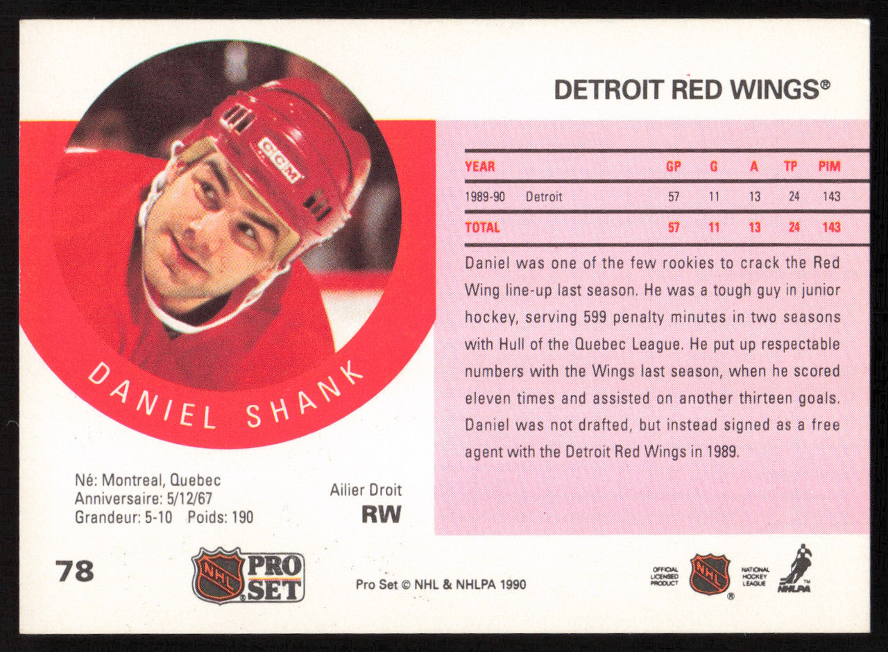 Daniel Shank Autographed 1990-91 Pro Set Rookie Card #78 Detroit Red Wings SKU #258492