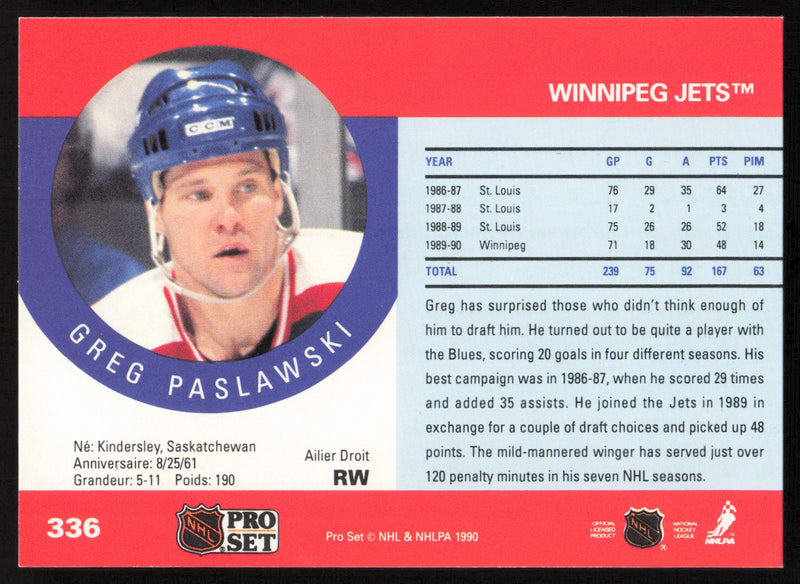 Greg Paslawski Autographed 1990-91 Pro Set Card #336 Winnipeg Jets SKU #258496