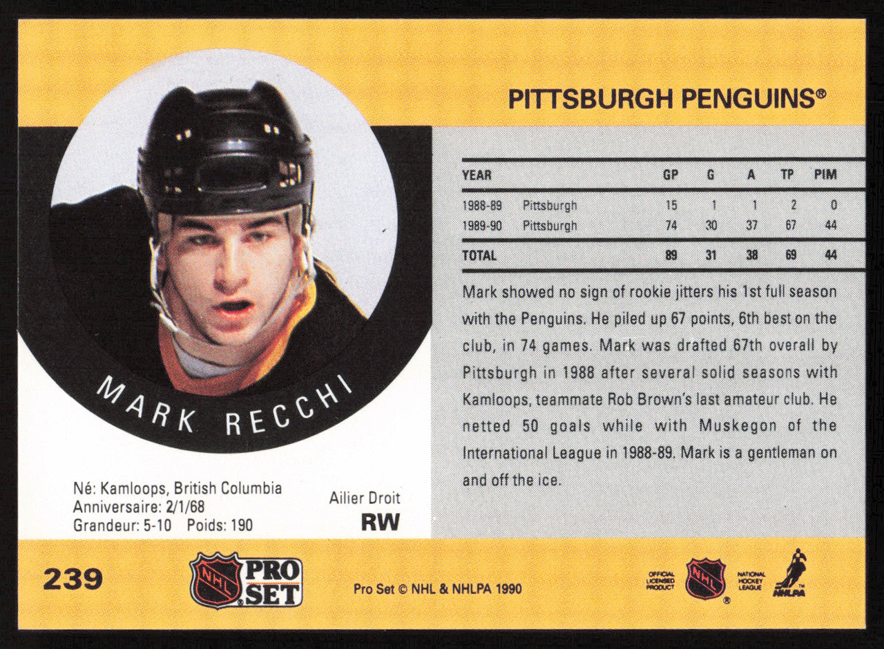 Mark Recchi Autographed 1990-91 Pro Set Rookie Card #239 Pittsburgh Penguins SKU #258500