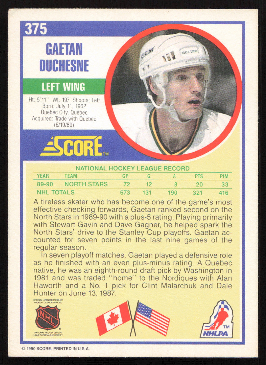 Gaetan Duchesne Autographed 1990-91 Score Card #375 Minnesota North Stars SKU #258512