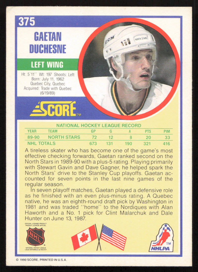 Gaetan Duchesne Autographed 1990-91 Score Card #375 Minnesota North Stars SKU #258512