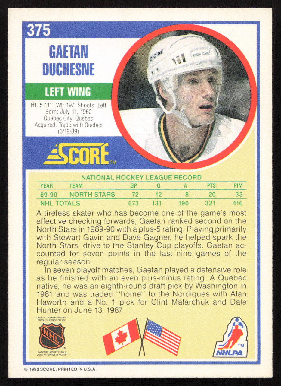 Gaetan Duchesne Autographed 1990-91 Score Card #375 Minnesota North Stars SKU #258514