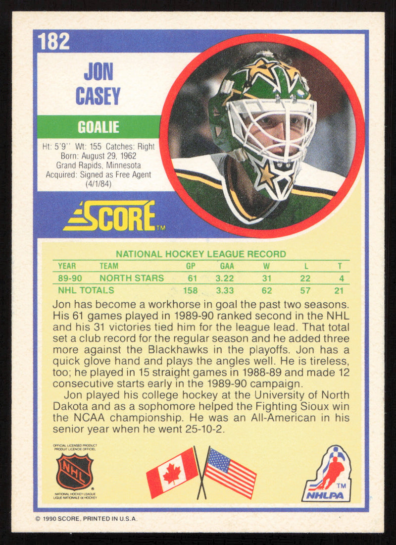 Jon Casey Autographed 1990-91 Score Card #182 Minnesota North Stars SKU #258515
