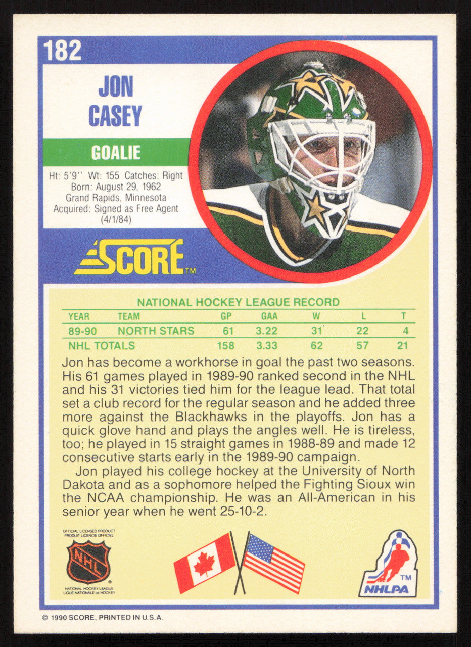 Jon Casey Autographed 1990-91 Score Card #182 Minnesota North Stars SKU #258516