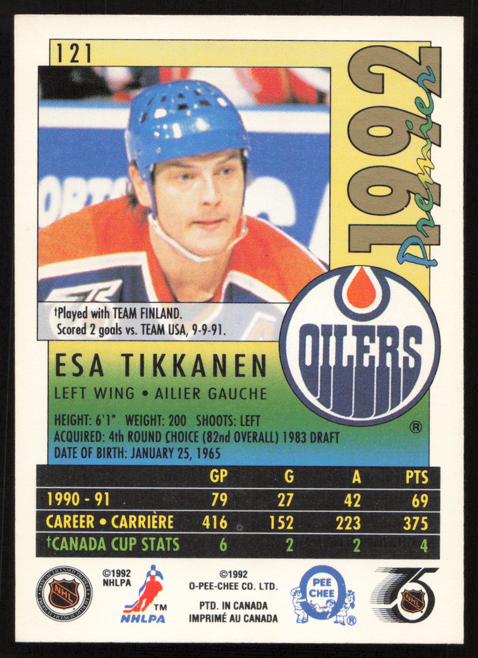 Esa Tikkanen Autographed 1991-92 O-Pee-Chee Premier Card #121 Edmonton Oilers SKU #258519