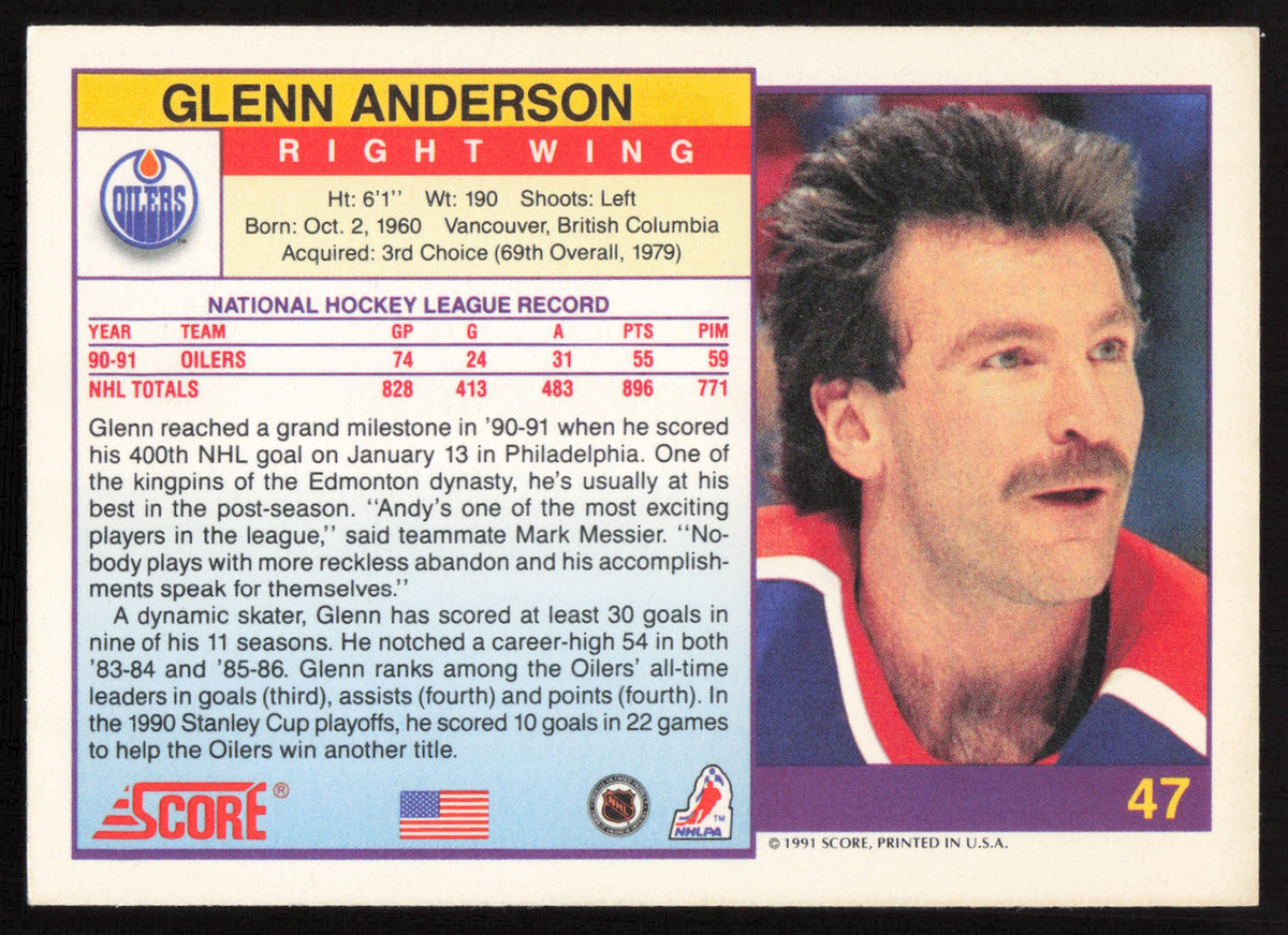 Glenn Anderson Autographed 1991-92 Score Card #47 Edmonton Oilers SKU #258522