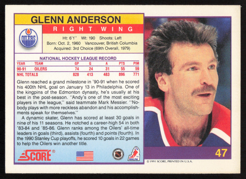 Glenn Anderson Autographed 1991-92 Score Card #47 Edmonton Oilers SKU #258522