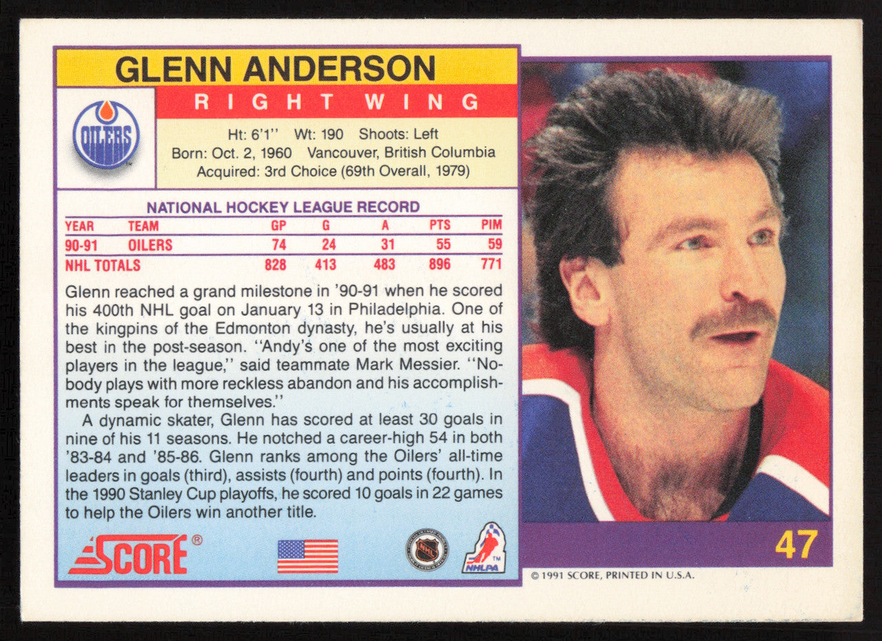 Glenn Anderson Autographed 1991-92 Score Card #47 Edmonton Oilers SKU #258523