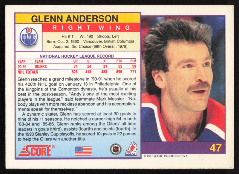 Glenn Anderson Autographed 1991-92 Score Card #47 Edmonton Oilers SKU #258523