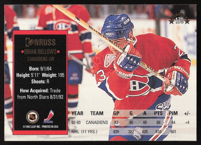 Brian Bellows Autographed 1993-94 Donruss Card #170 Montreal Canadiens SKU #258533