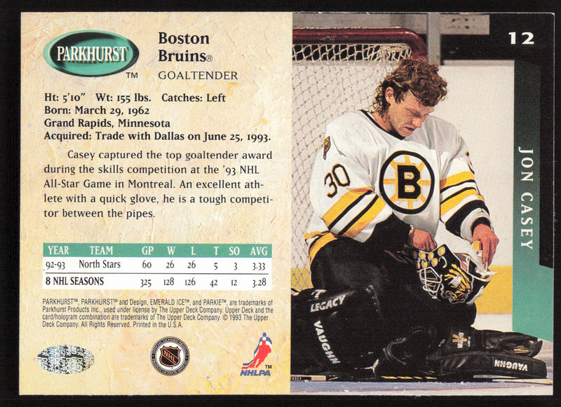 Jon Casey Autographed 1993-94 Parkhurst Card #12 Boston Bruins SKU #258535