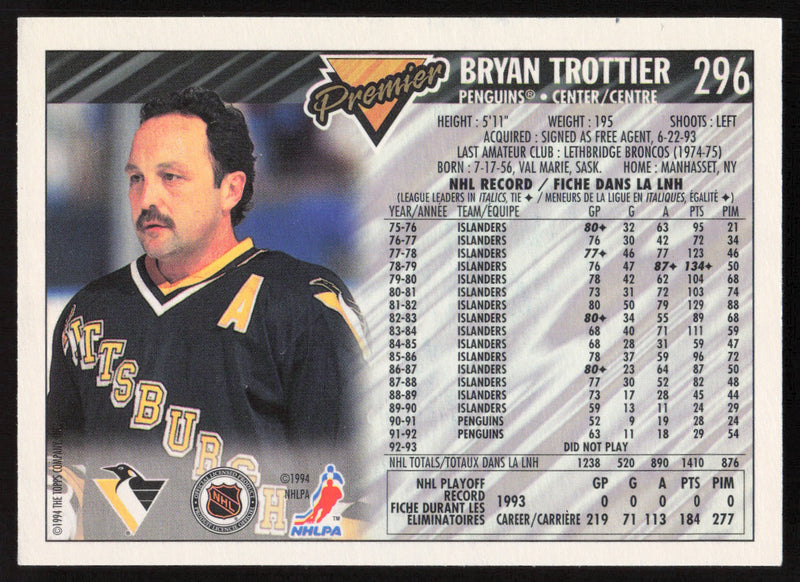 Bryan Trottier Autographed 1993-94 Topps Premier Card #296 Pittsburgh Penguins SKU #258536