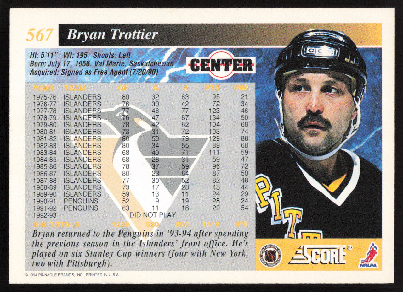 Bryan Trottier Autographed 1993-94 Score Card #567 Pittsburgh Penguins SKU #258537