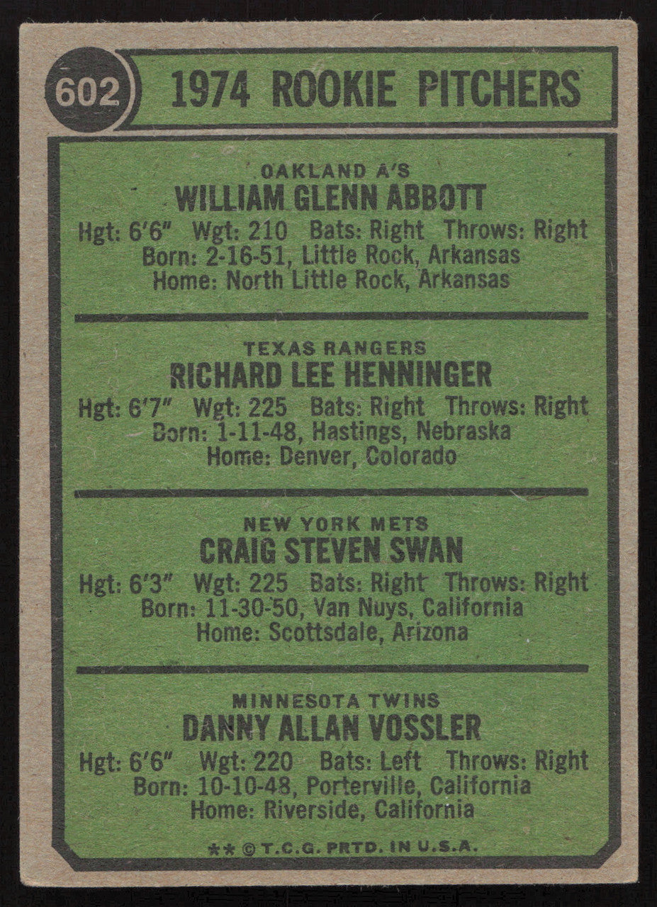 Glenn Abbott & Craig Swan Autographed 1974 Topps Rookie Card #602 SKU #258563