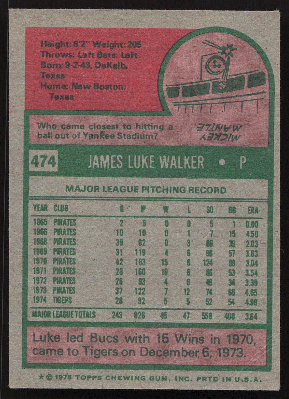 Luke Walker Autographed 1975 Topps Card #474 Detroit Tigers SKU #258601
