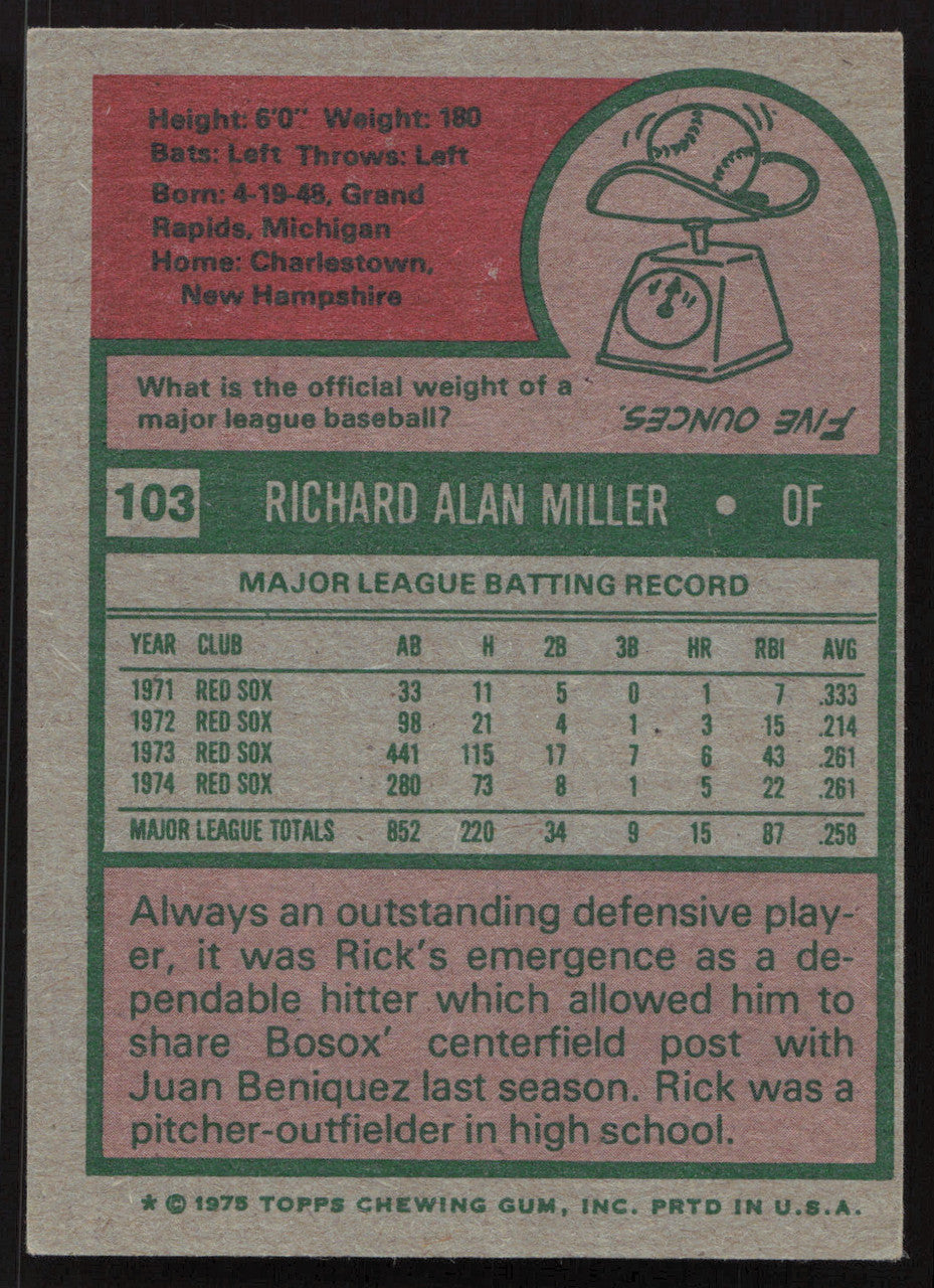 Rick Miller Autographed 1975 Topps Card #103 Boston Red Sox SKU #258618