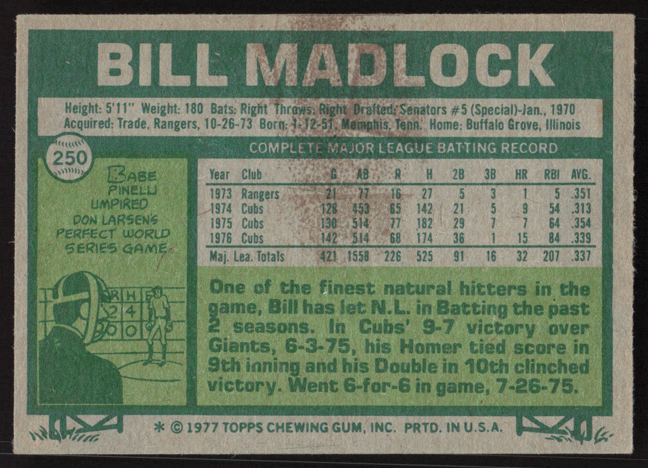 Bill Madlock Autographed 1977 Topps Card #250 Chicago Cubs SKU #258634