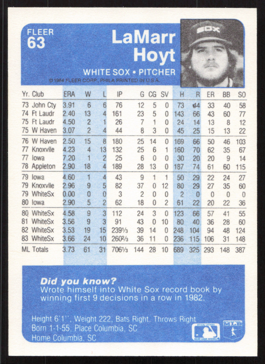 LaMarr Hoyt Autographed 1984 Fleer Card #63 Chicago White Sox SKU #258687