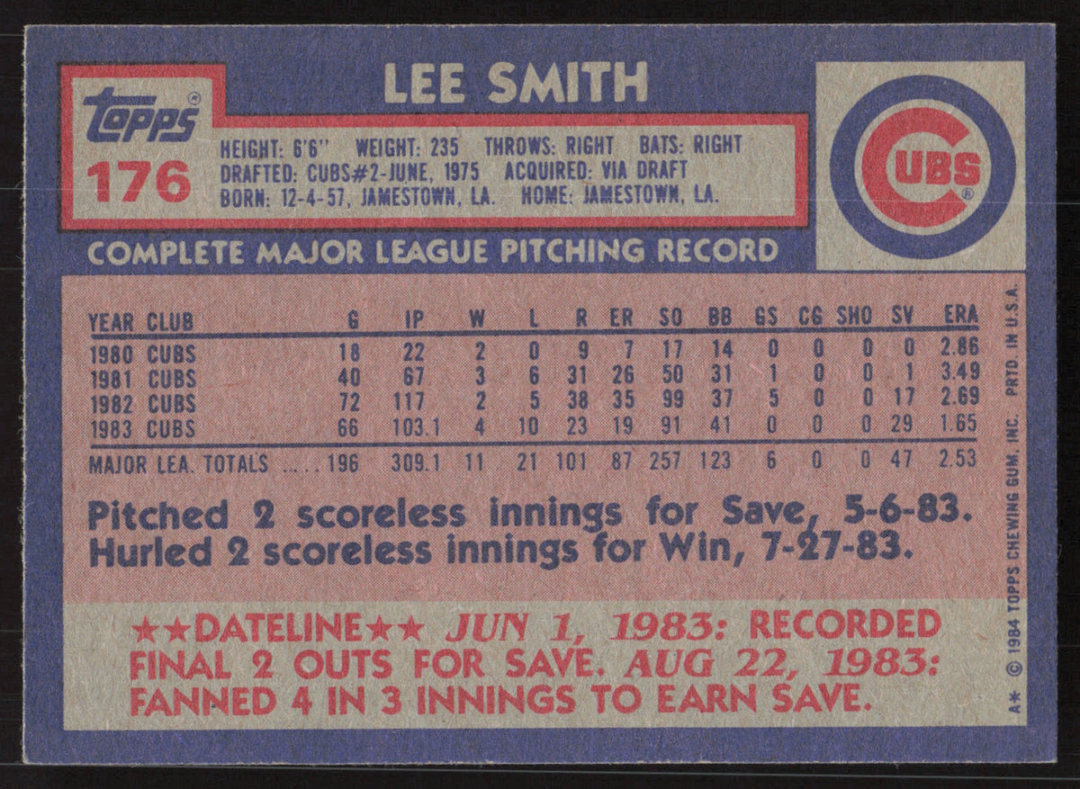 Lee Smith Autographed 1984 Topps Card #176 Chicago Cubs SKU #258689