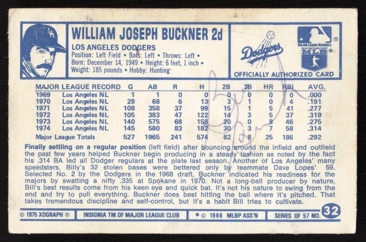 Bill Buckner Autographed 1975 Kellogg's Card #32 Los Angeles Dodgers (Signed on Back) SKU #258690