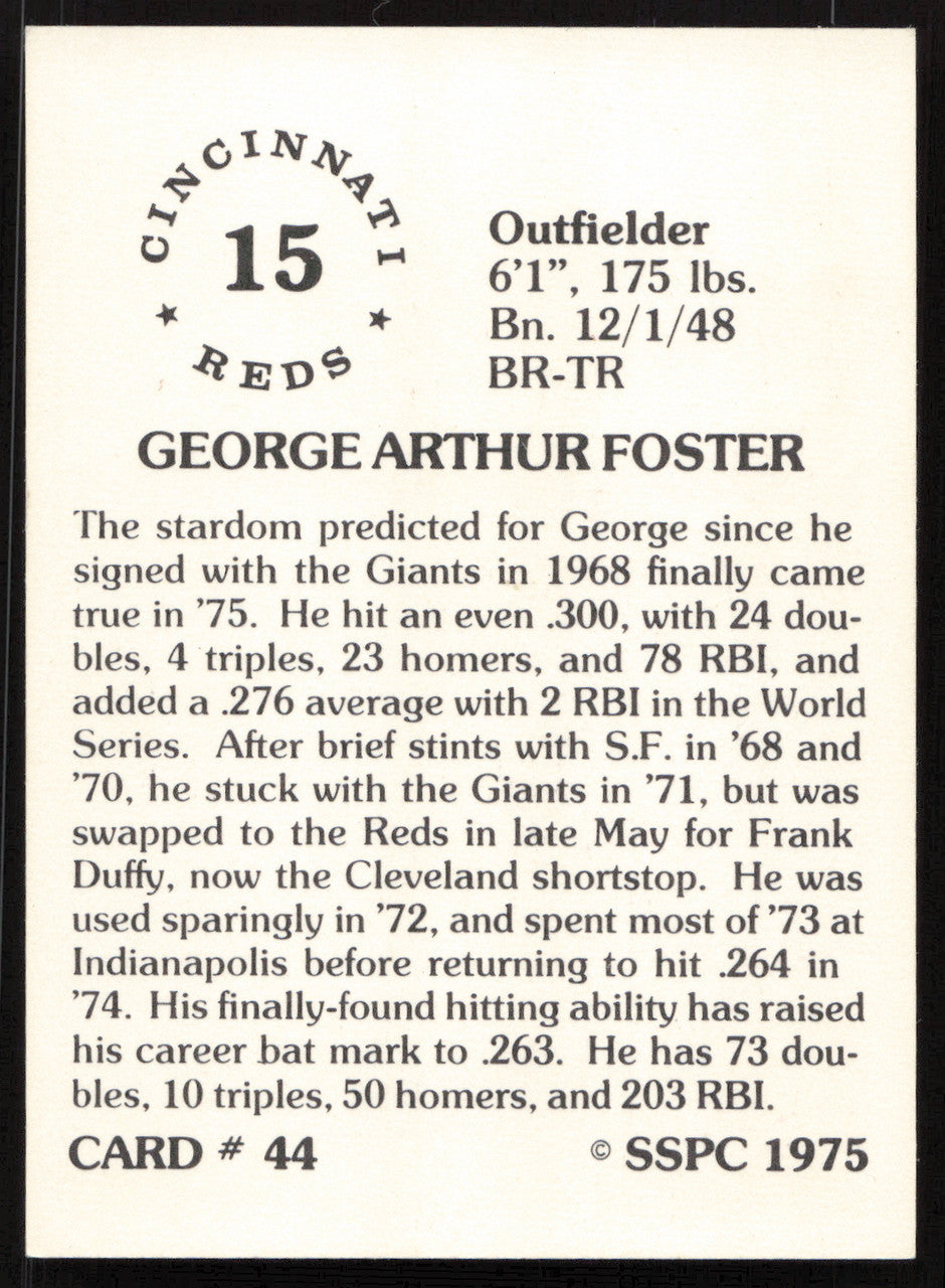 George Foster Autographed 1975-76 SSPC Card #44 Cincinnati Reds SKU #258748