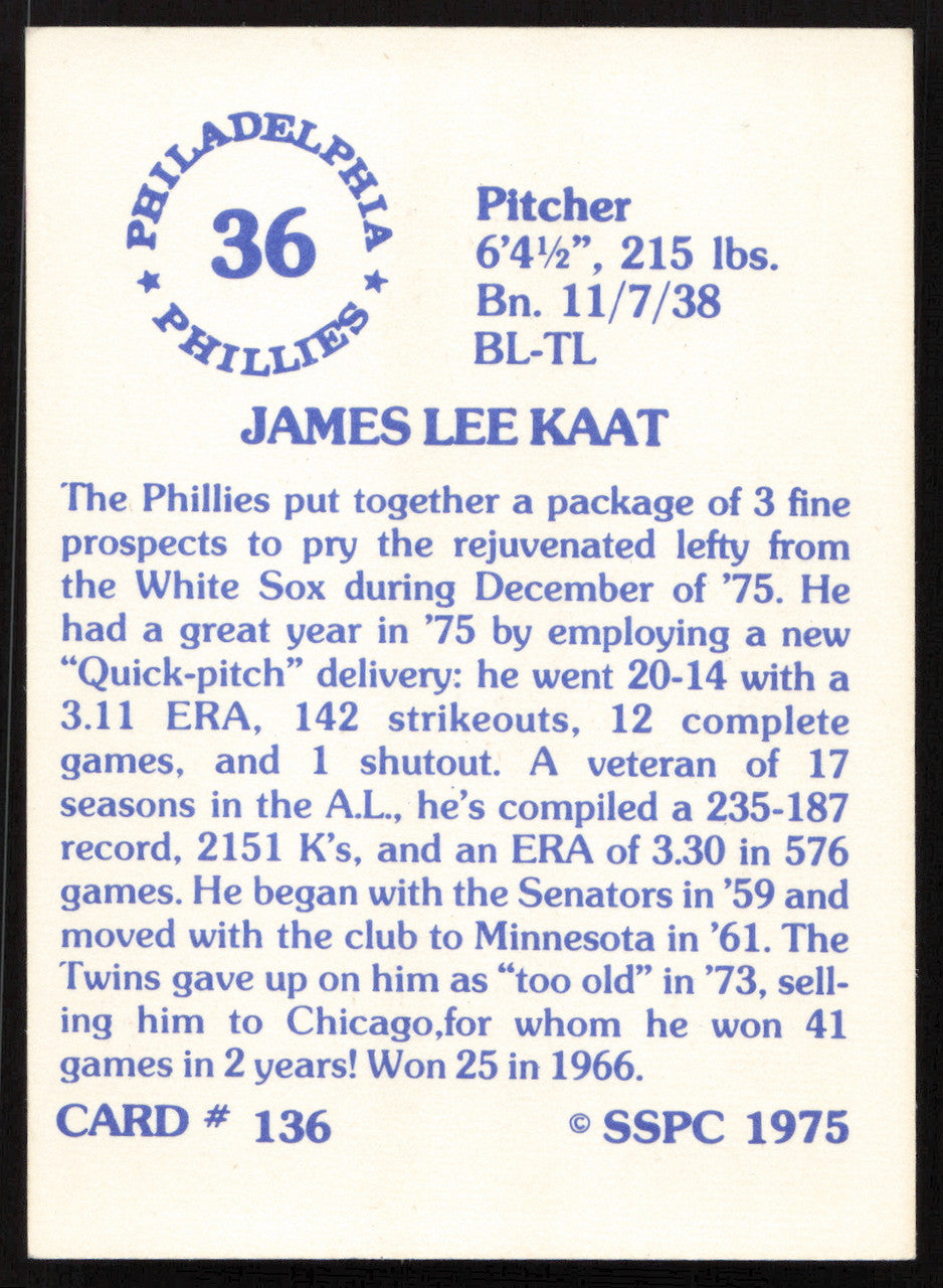 Jim Kaat Autographed 1975-76 SSPC Card #136 Chicago White Sox SKU #258762