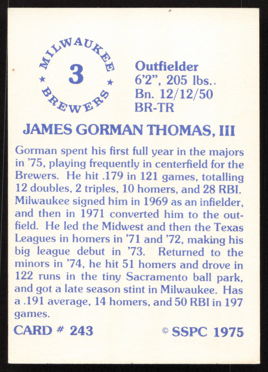 Gorman Thomas Autographed 1975-76 SSPC Card #243 Milwaukee Brewers SKU #258771