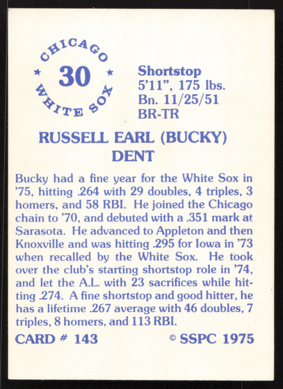 Bucky Dent Autographed 1975-76 SSPC Card #143 Chicago White Sox SKU #258773