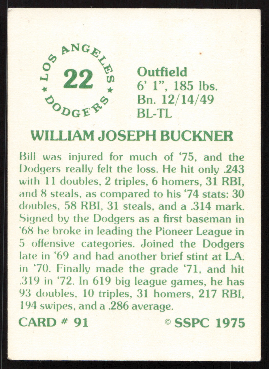 Bill Buckner Autographed 1975-76 SSPC Card #91 Los Angeles Dodgers SKU #258774