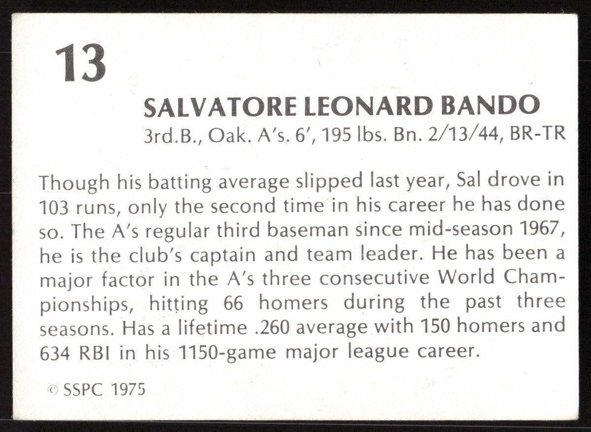 Sal Bando Autographed 1975 SSPC Card #13 Oakland A's SKU #258776