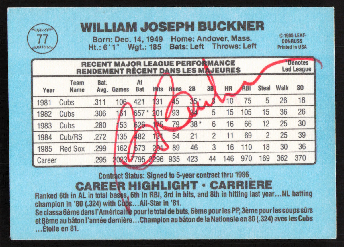 Bill Buckner Autographed 1986 Donruss Leaf Card #77 Boston Red Sox (Signed on Back) SKU #258800