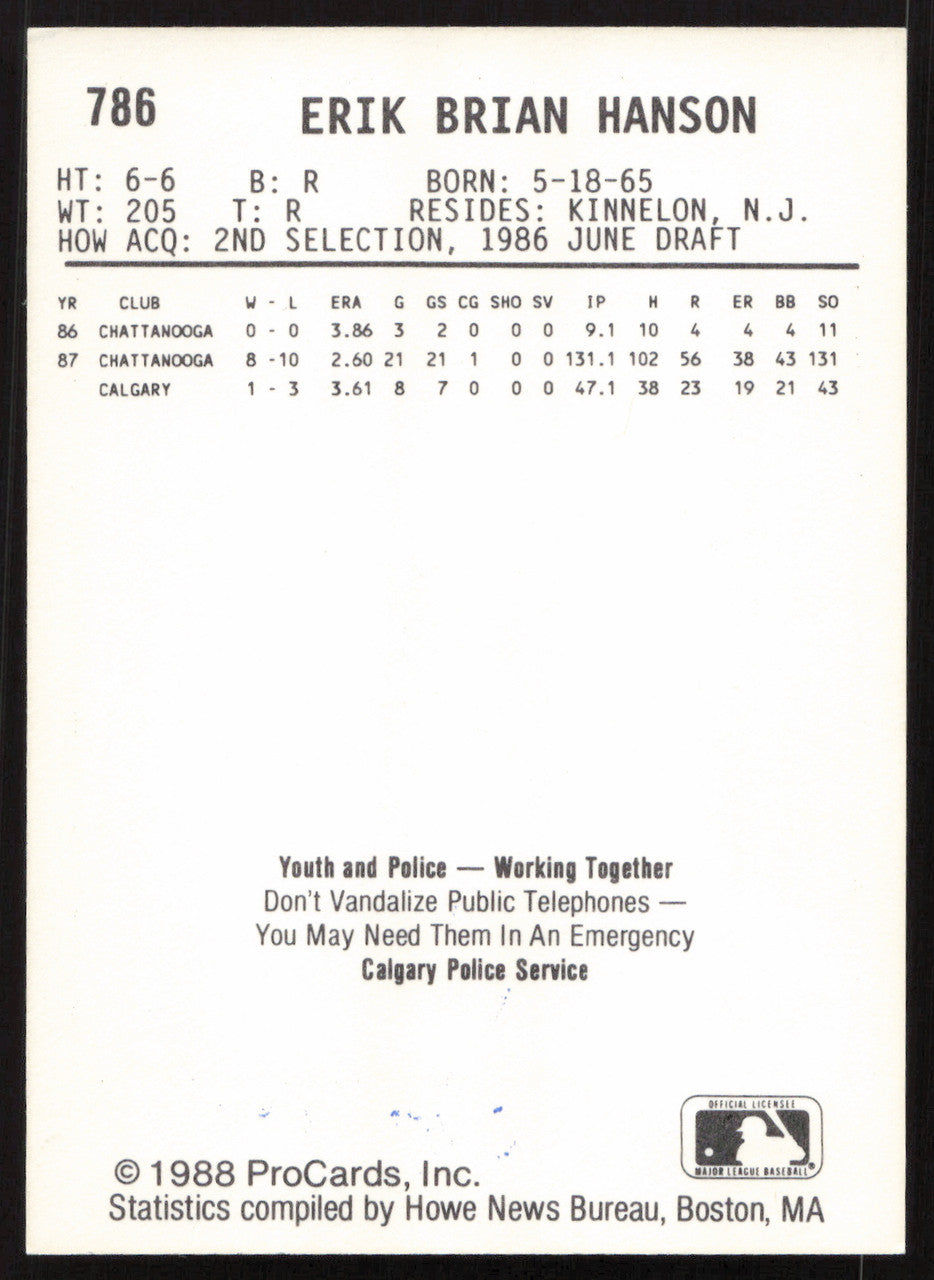 Erik Hanson Autographed 1988 ProCards Rookie Card #786 Seattle Mariners SKU #258818