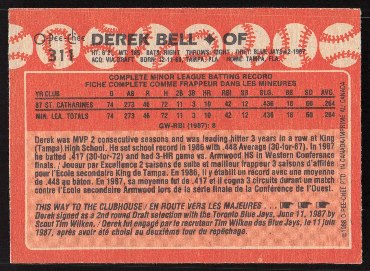 Derek Bell Autographed 1988 O-Pee-Chee Rookie Card #311 Toronto Blue Jays SKU #258819