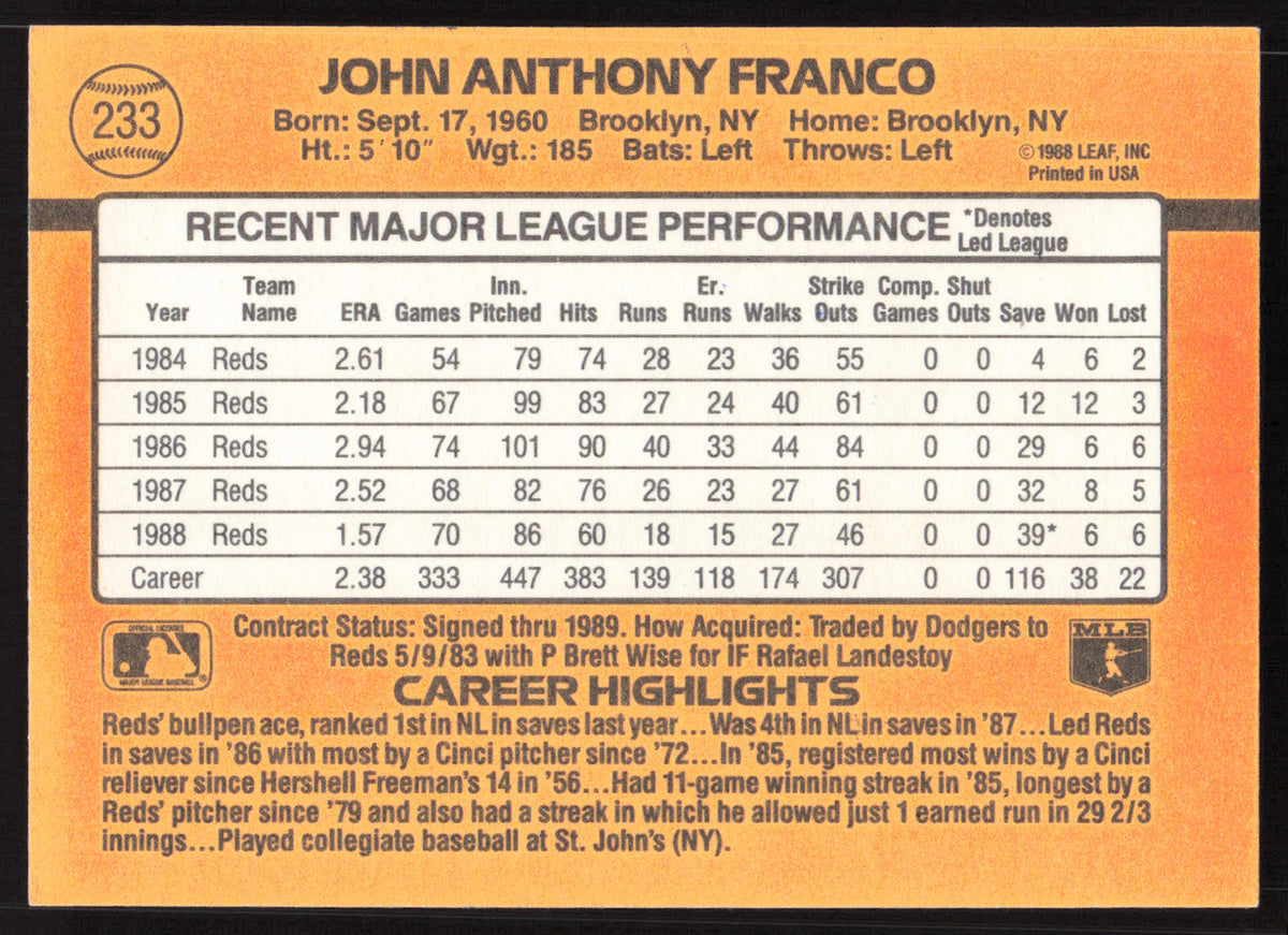 John Franco Autographed 1989 Donruss Card #233 Cincinnati Reds SKU #258824