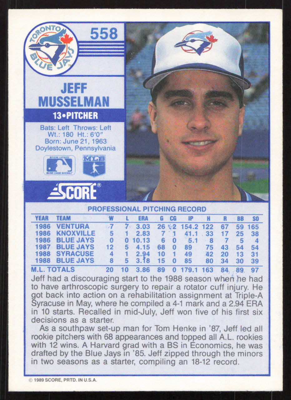 Jeff Musselman Autographed 1989 Score Card #558 Toronto Blue Jays SKU #258835