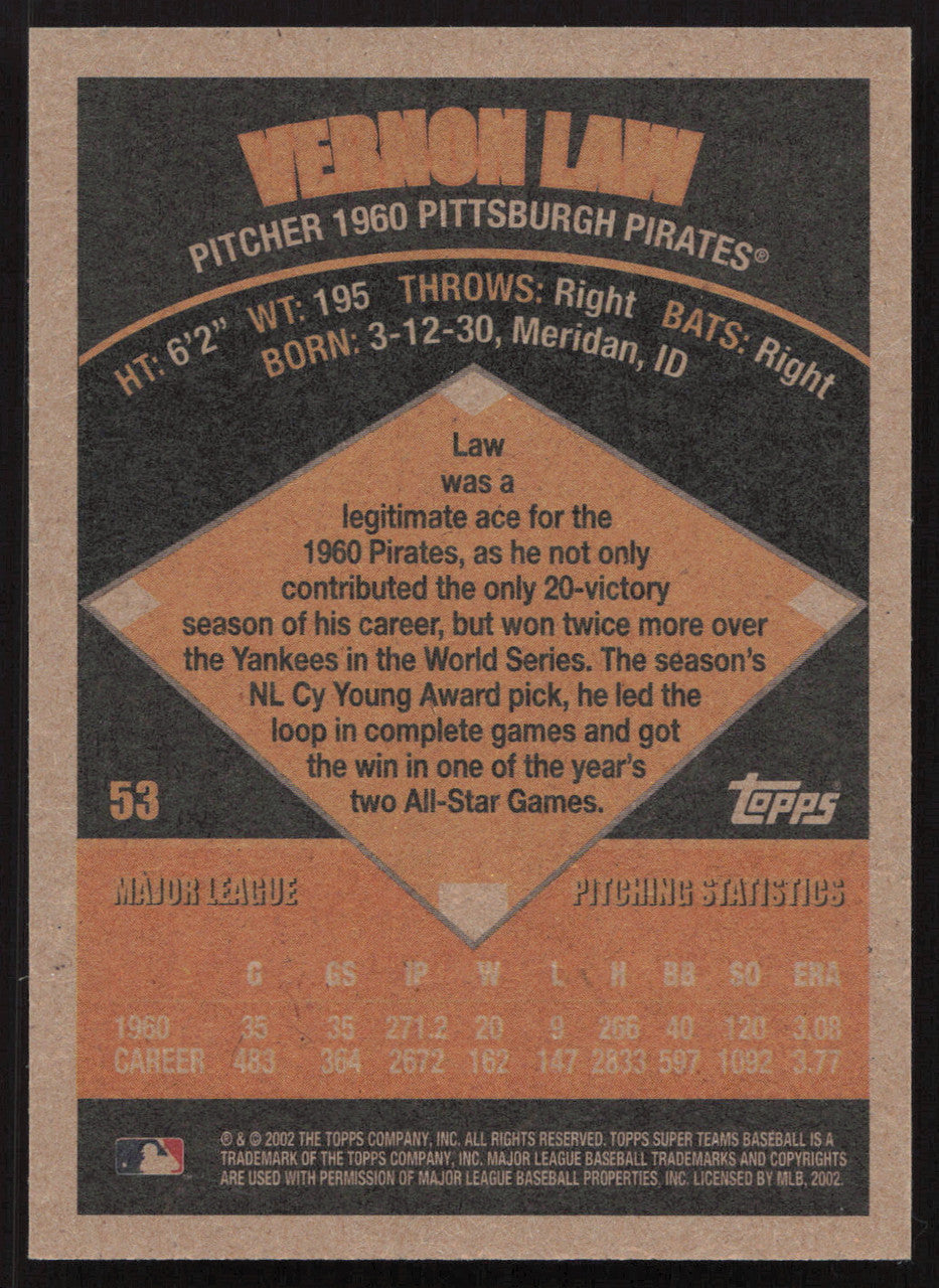 Vern Law Autographed 2002 Topps Super Teams Card #53 Pittsburgh Pirates "Cy Young 1960" SKU #258849