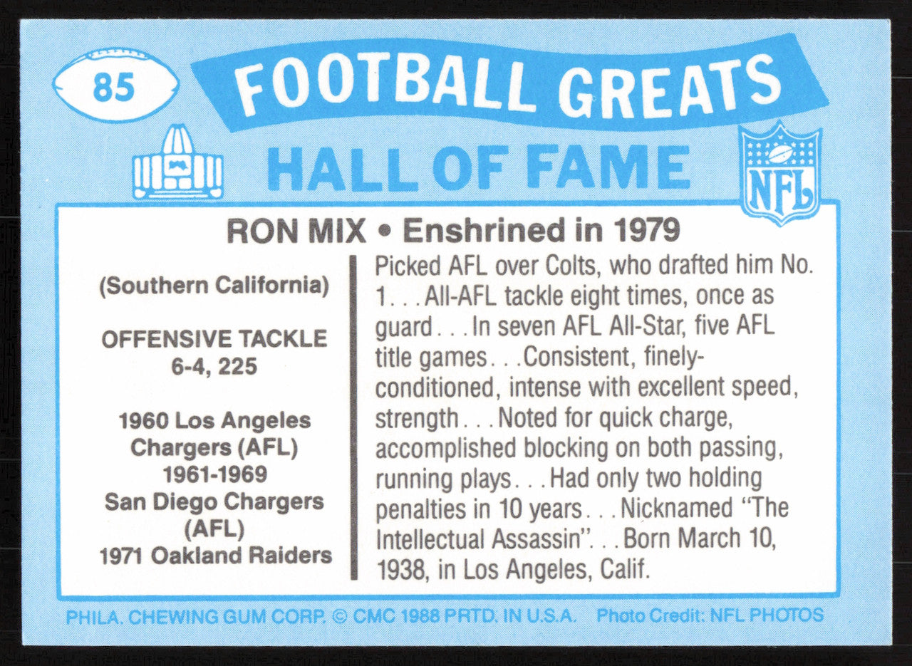 Ron Mix Autographed 1988 Swell Card #85 San Diego Chargers SKU #258869